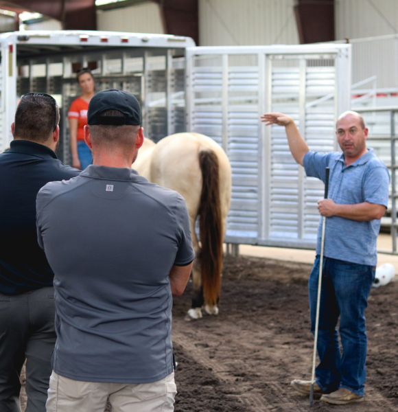 men standing by horse trailer