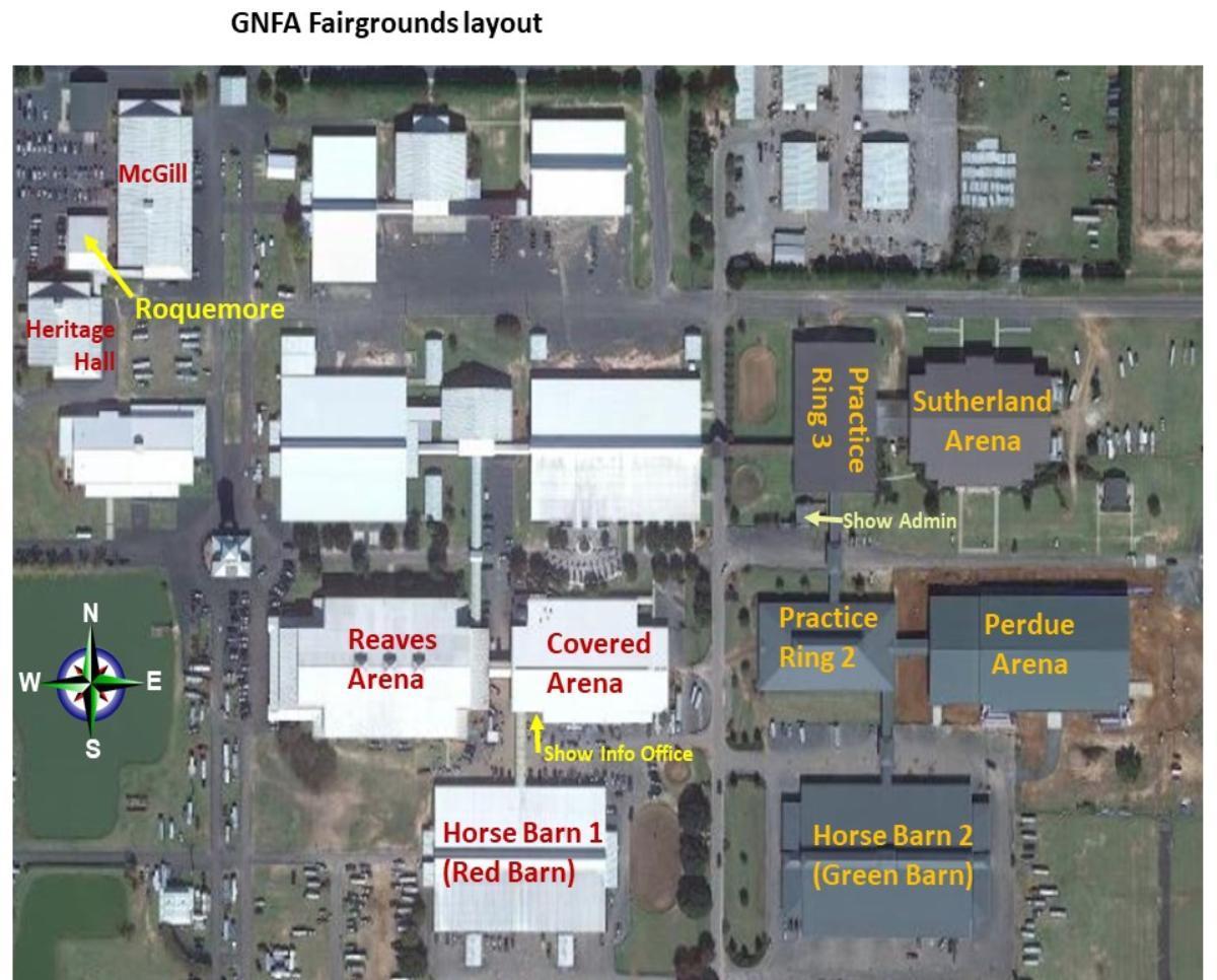 Overhead view of GNFA facilities with SRHC horse show buildings labeled