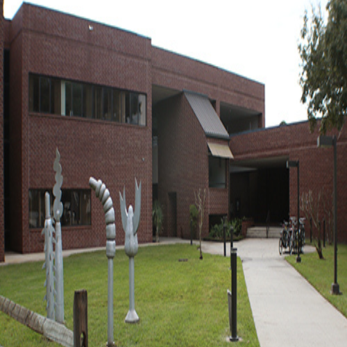 ANS front walkway, sculpture and red brick building