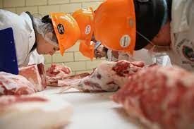 people in white coats and orange hard hats judging raw meat