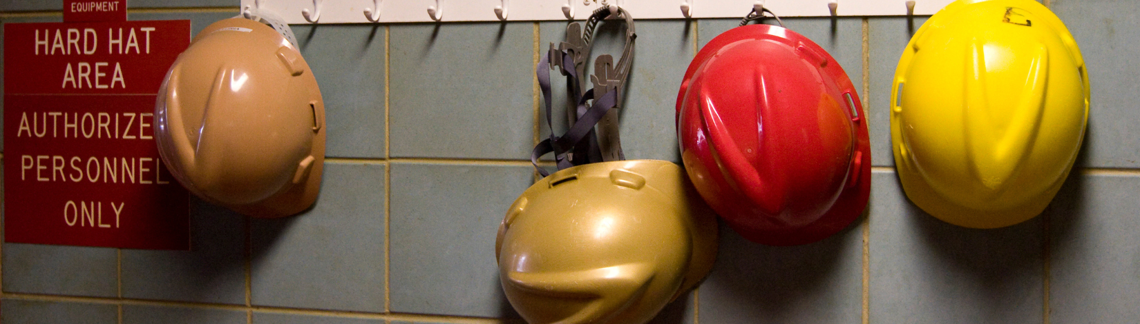 4 hard hats hanging on a rack in the UF Meat Lab